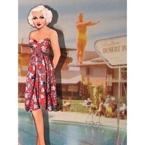 Strapless Tiki Bernie Dexter Sexy Red Hawaiian Hibiscus Floral Fit Flare Small